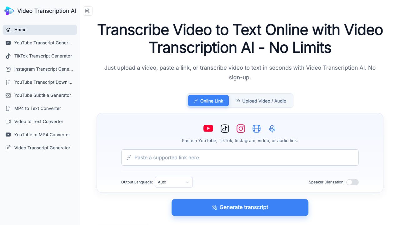 Video Transcription AI: Transcribe Video to Text Online for Free 网站截图