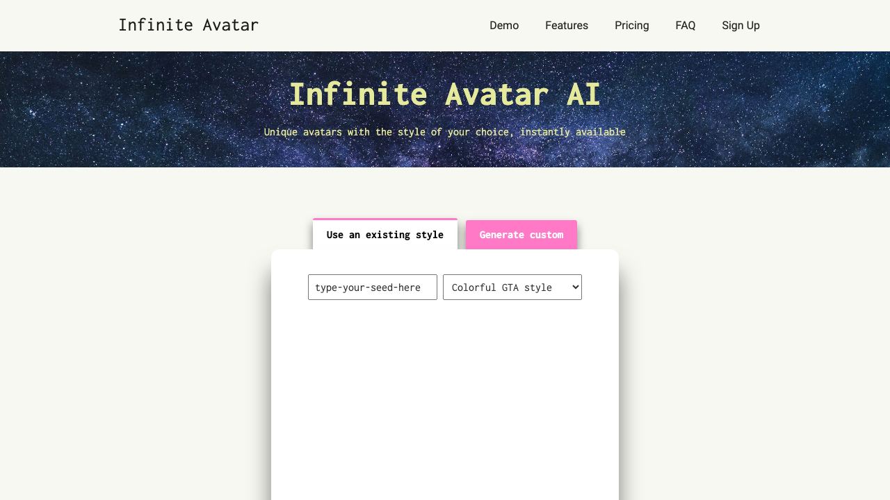 Infinite Avatar website screenshot