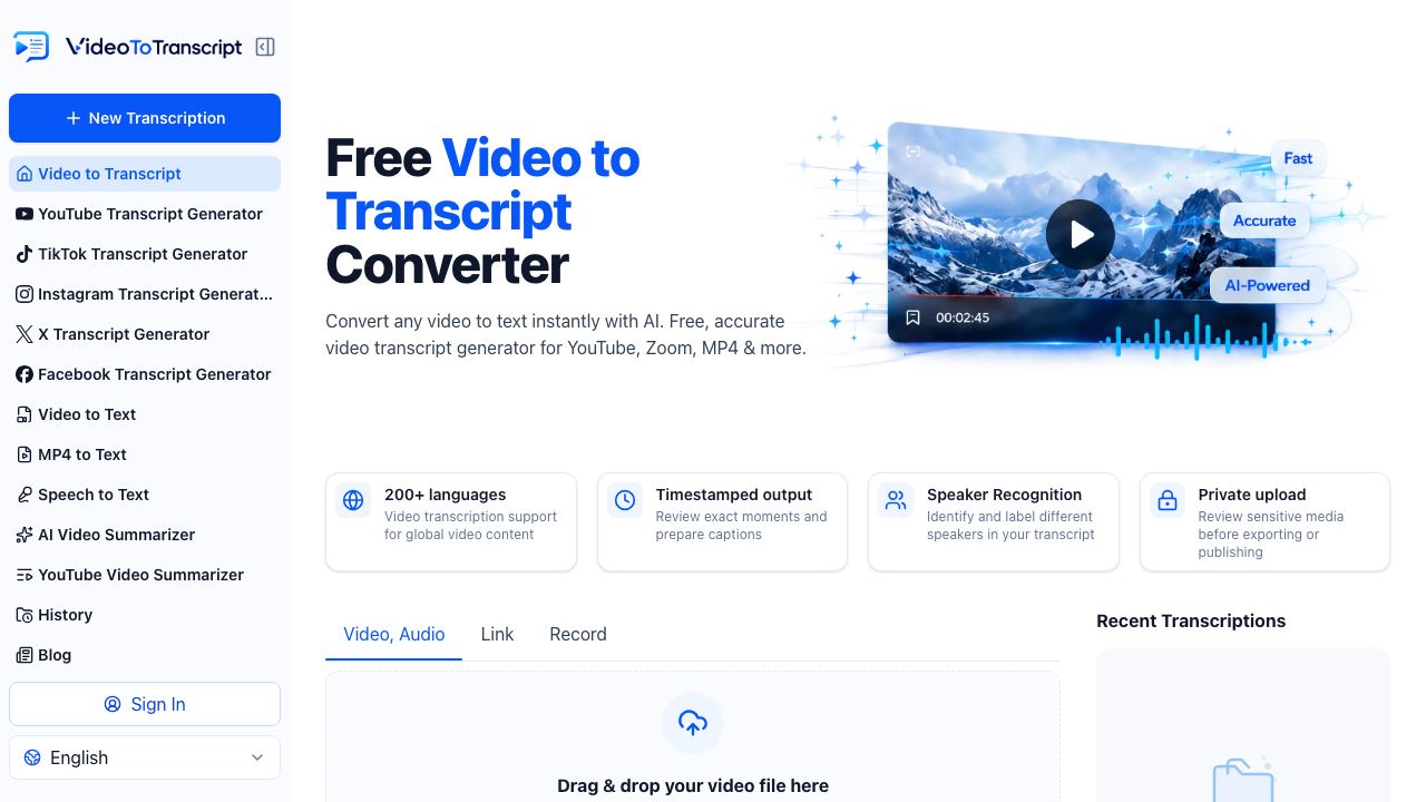 Video To Transcript website screenshot