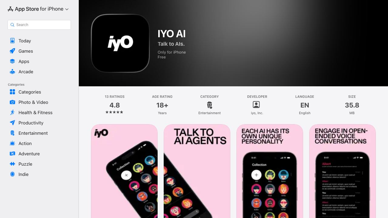 IYO AI - Talk to AI iOS App 网站截图