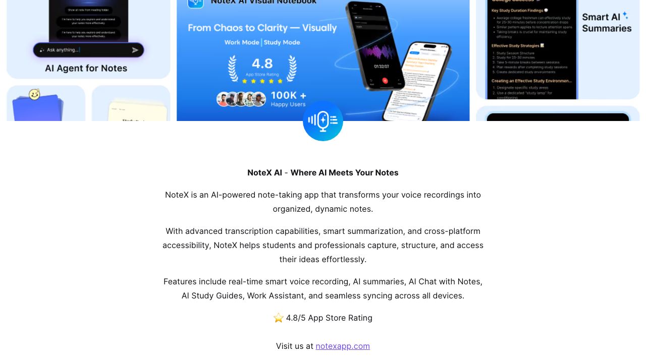 NoteX AI Notetaker, AI Notebook 网站截图