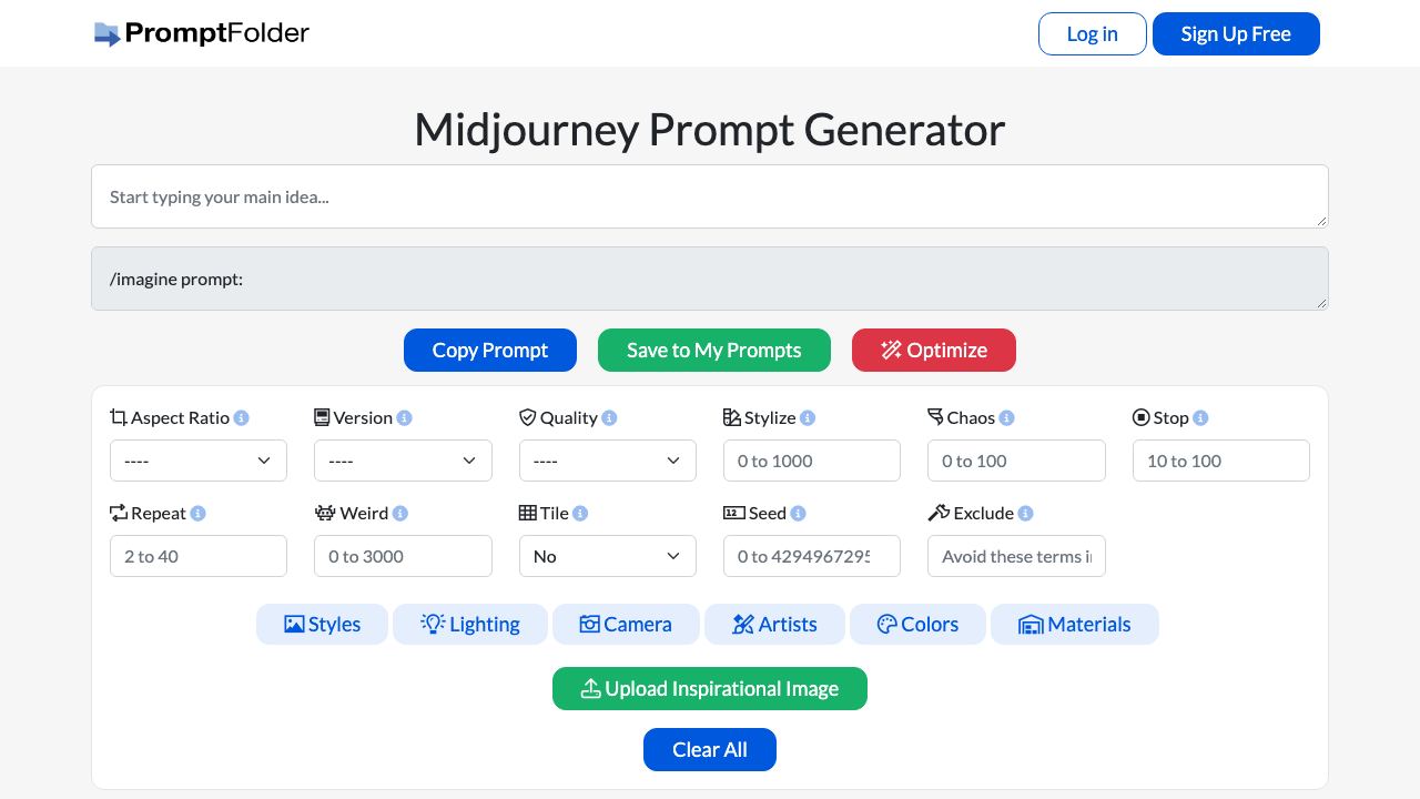 MidJourney Prompt Tool website screenshot