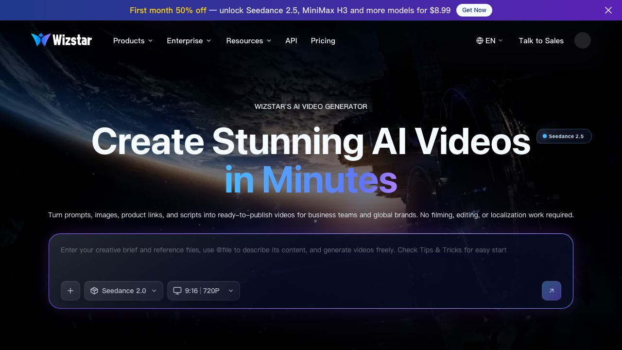 Wizstar AI Video Generator 网站截图
