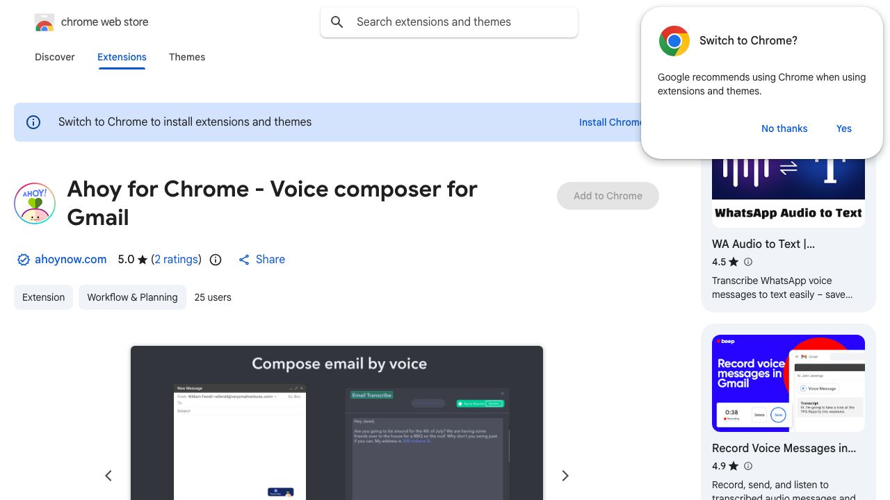 Ahoy for Chrome - Voice composer for Gmail website screenshot