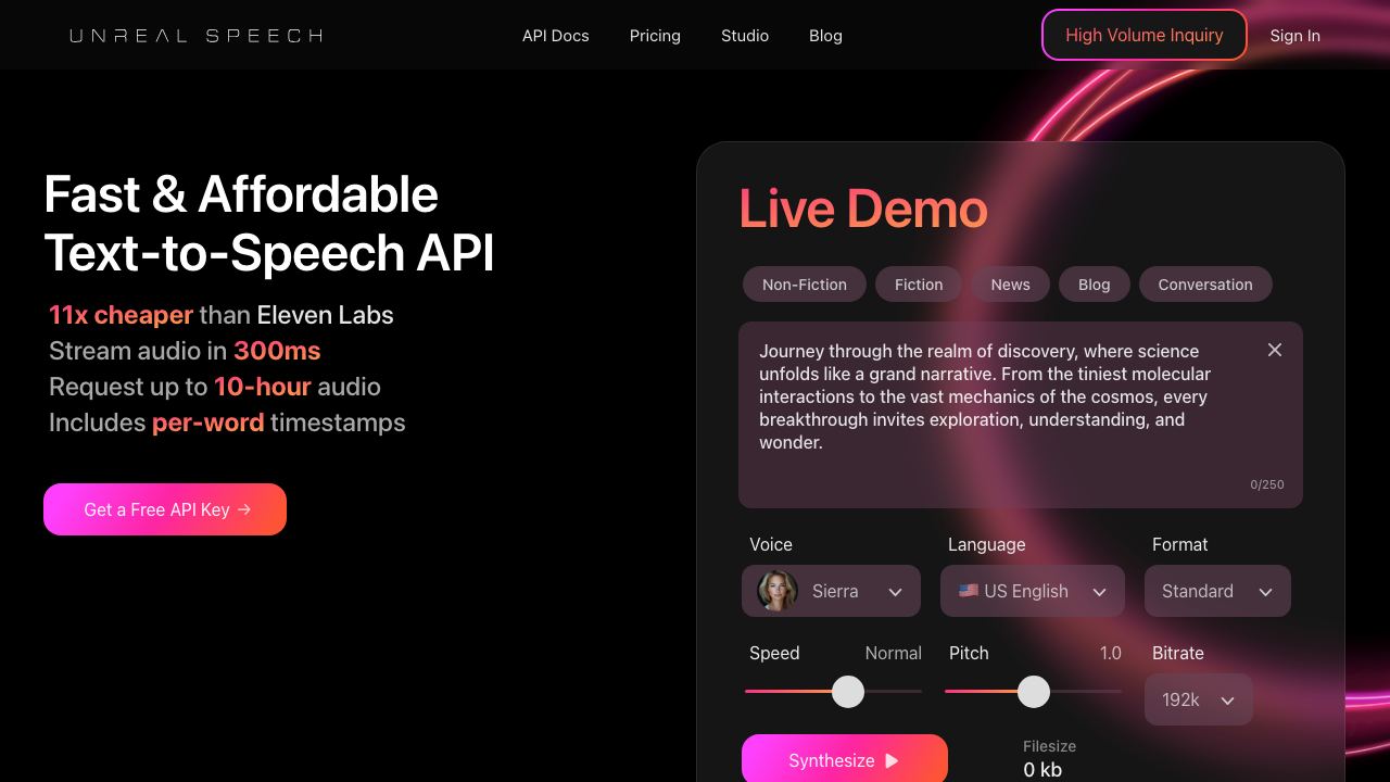 Unreal Speech website screenshot
