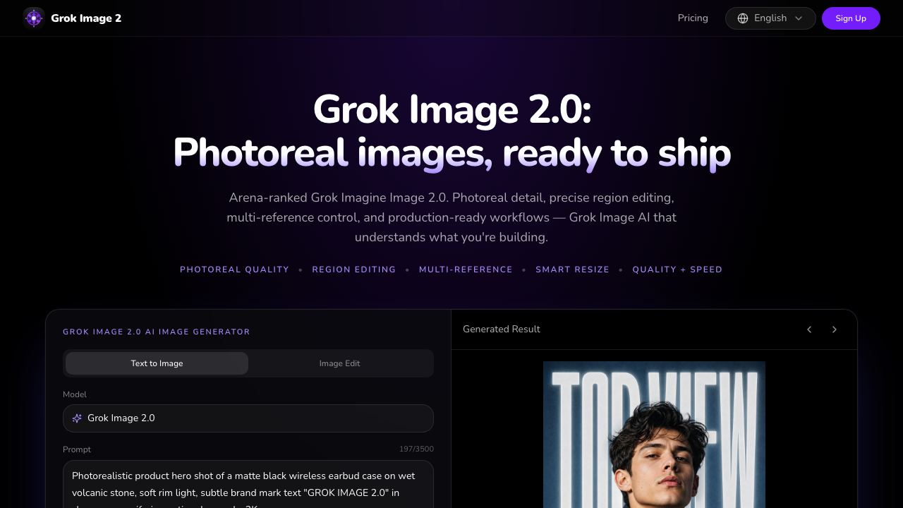 Grok Image 2.0 website screenshot