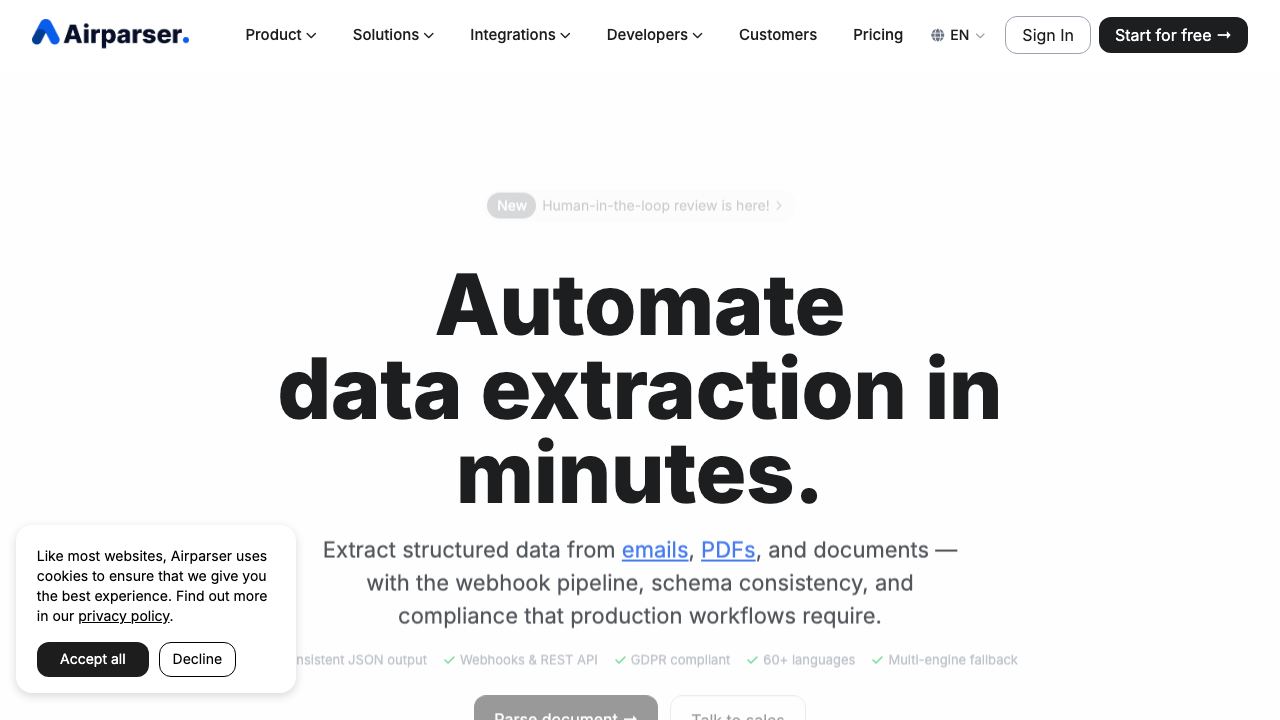 Airparser website screenshot