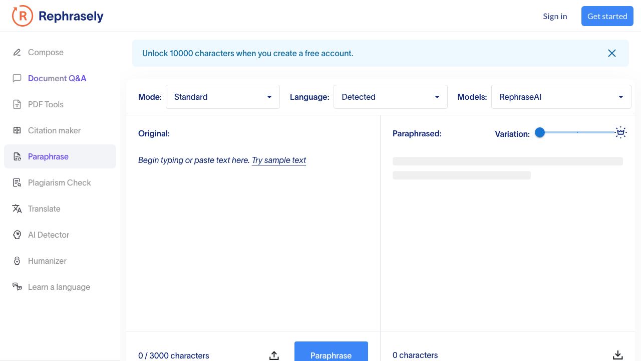 Rephrasely website screenshot