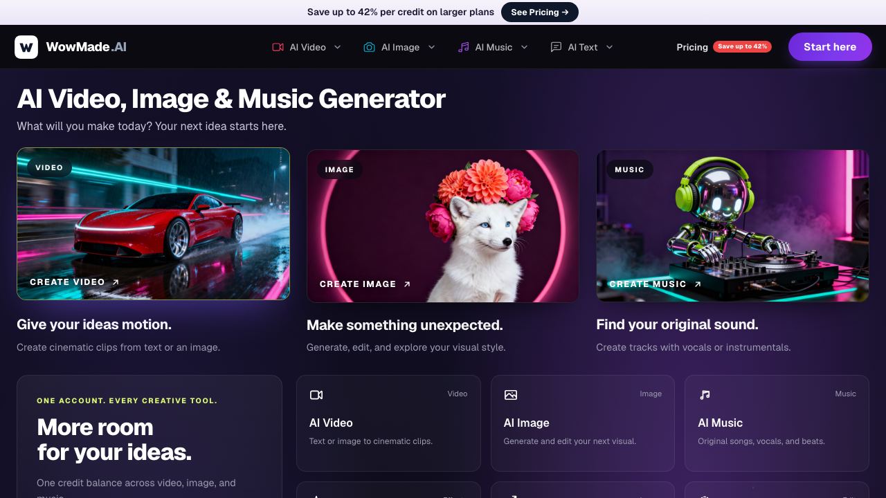 AI video, image & music generator — all in one, on a single credit balance 网站截图