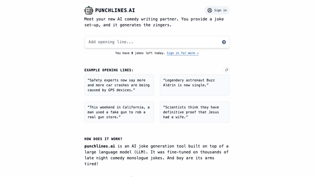 punchlines.ai :: GPT joke writing website screenshot