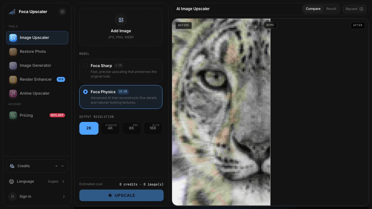 Foca Upscaler - One-Click Physics-Aware AI Image Enhancer 网站截图