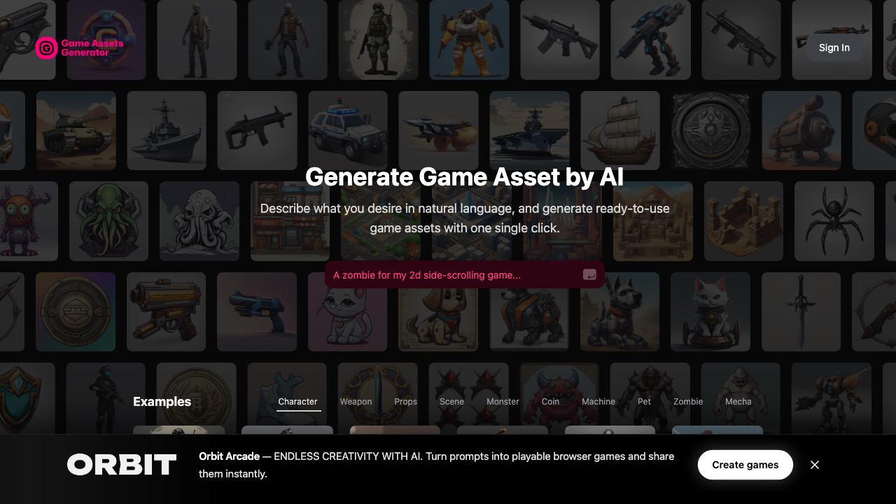Game Assets Generator website screenshot