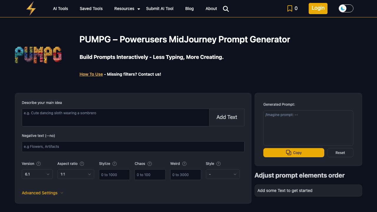 PUMPG - Midjourney Prompt Generator website screenshot
