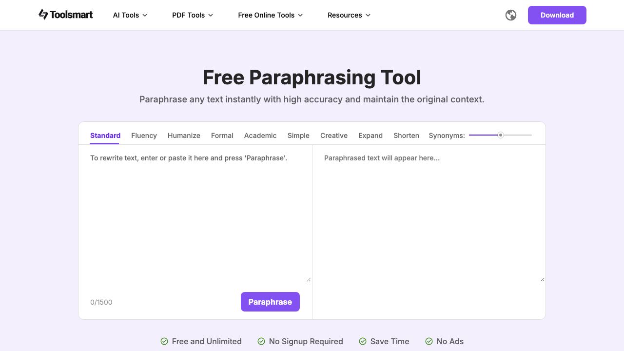 Free Paraphrasing Tool-Toolsmart website screenshot