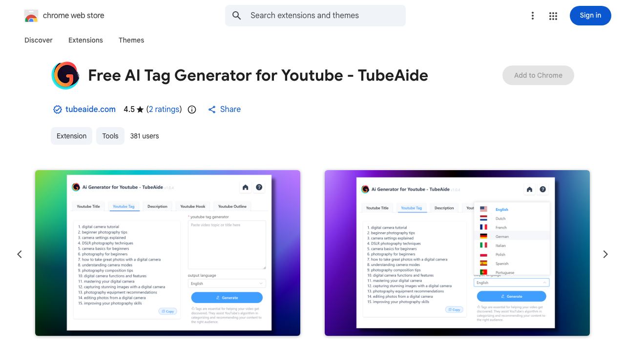 Free AI Tag Generator for Youtube - TubeAide 网站截图