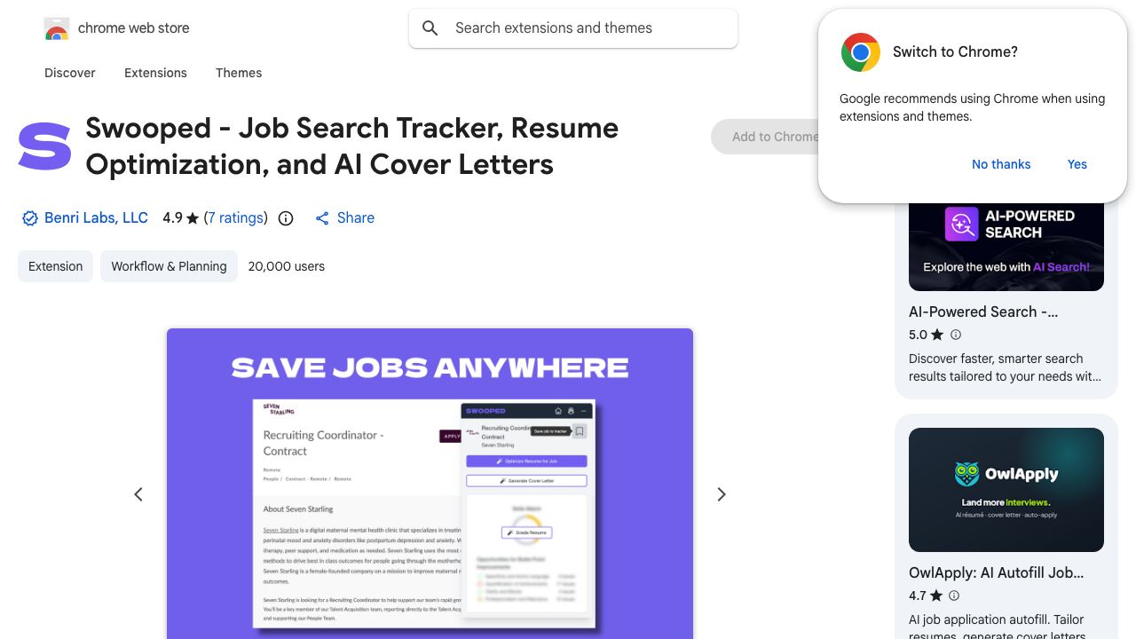 Swooped - Job Search Tracker, Resume Optimization, and AI Cover Letters 网站截图