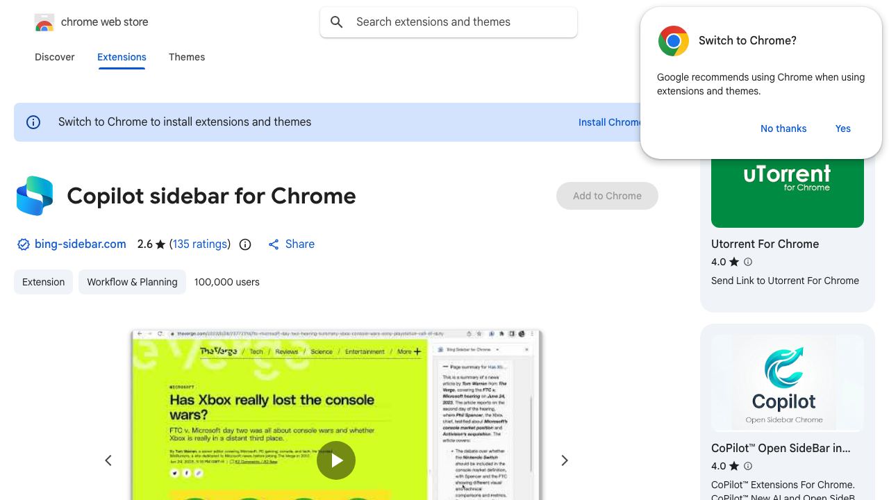 Copilot sidebar for Chrome 网站截图