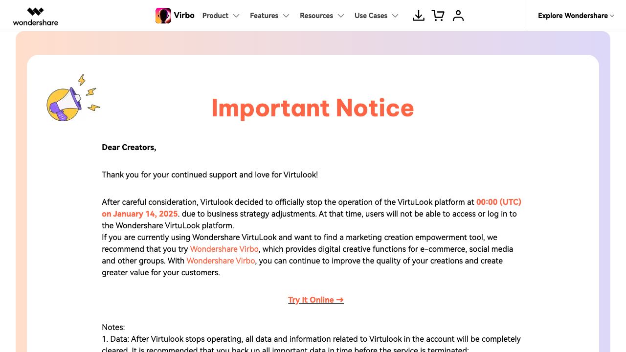 Wondershare VirtuLook website screenshot