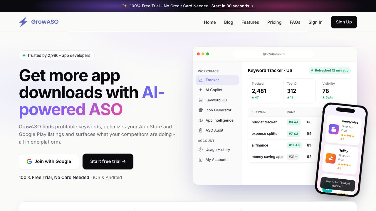 GrowASO website screenshot