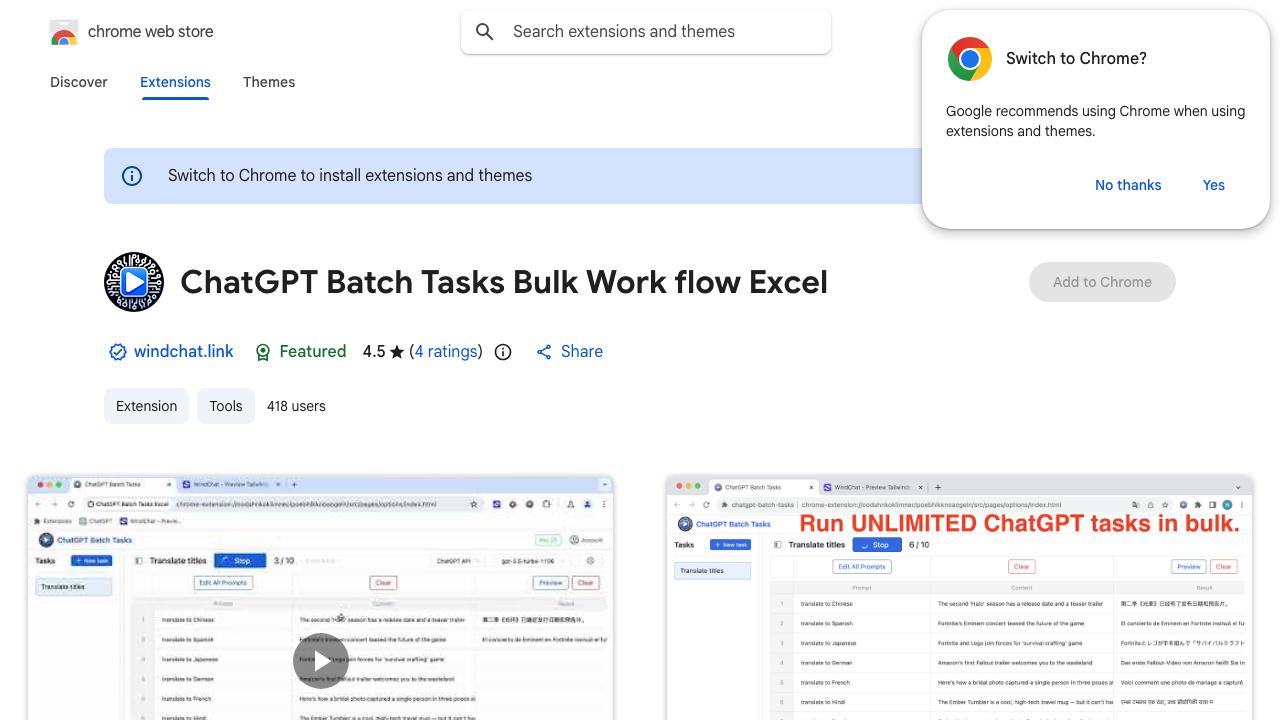 ChatGPT Batch Tasks Excel 网站截图