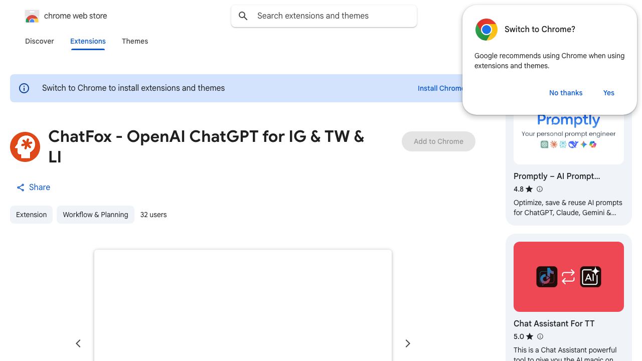 ChatFox - OpenAI ChatGPT for IG & TW & LI website screenshot