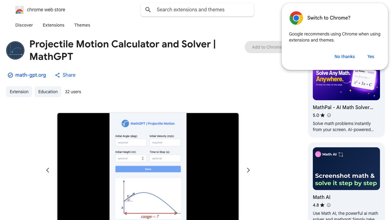 Projectile Motion Calculator and Solver | MathGPT 网站截图
