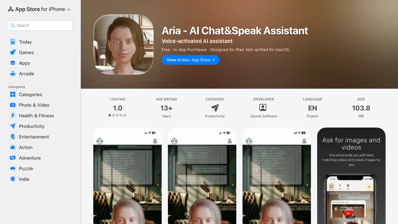 Aria - Speaking AI Assistant website screenshot