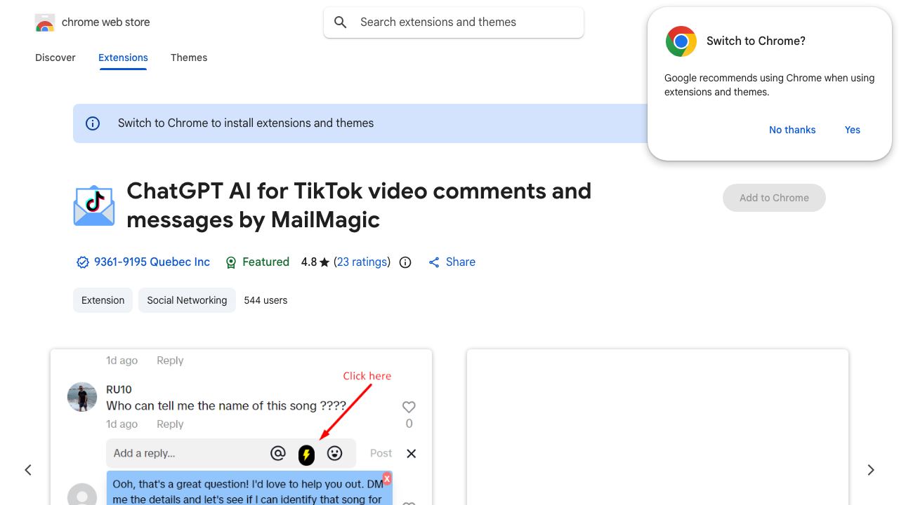 ChatGPT AI for TikTok video comments and messages by MailMagic website screenshot