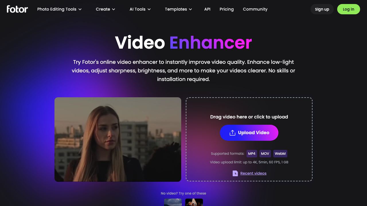 Fotor Video Enhancer website screenshot