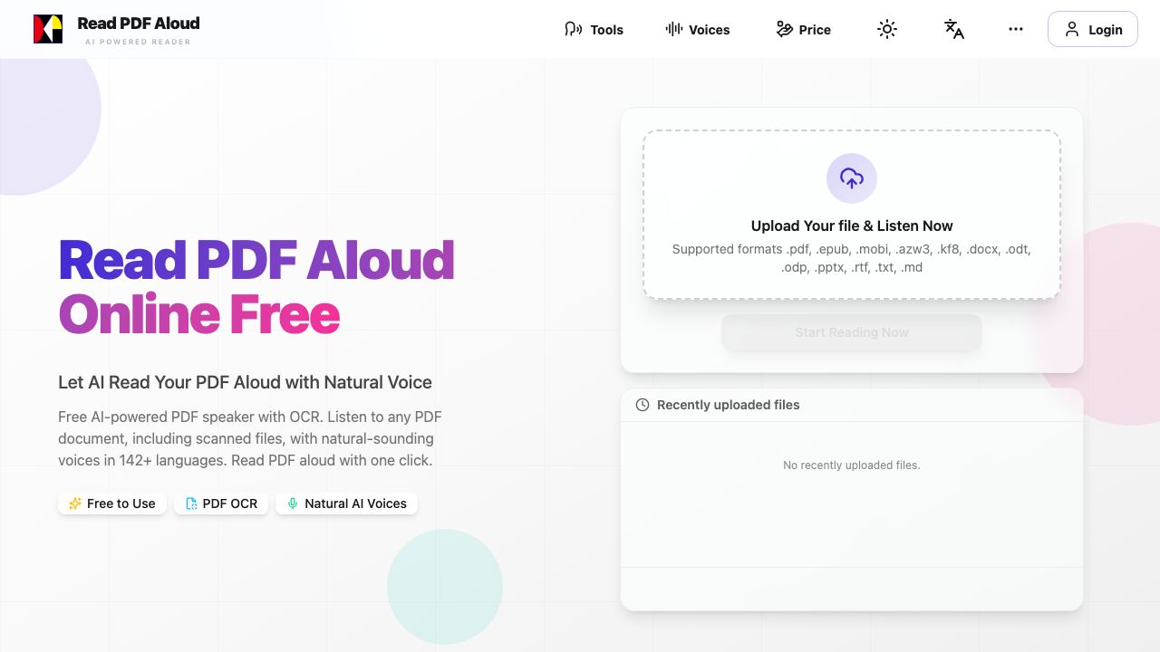 Read PDF Aloud website screenshot