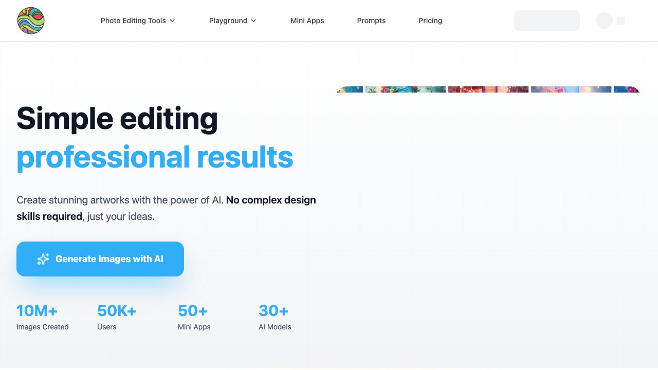 Free AI Photo Editing tool | Design posters, logos, youtube thumbnails, and more with AI website screenshot