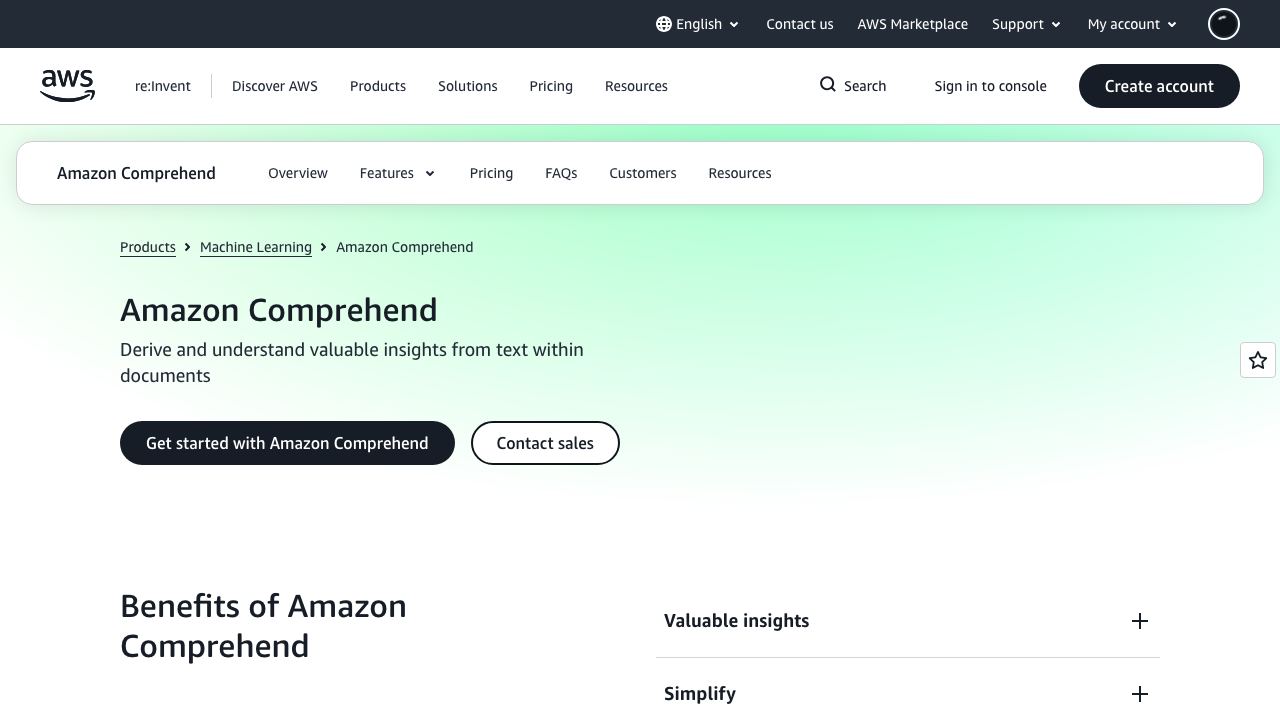 Amazon Comprehend website screenshot