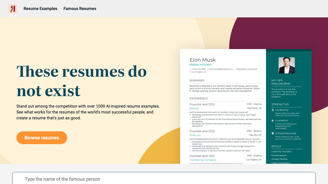 ChatGPT Famous Resumes 网站截图
