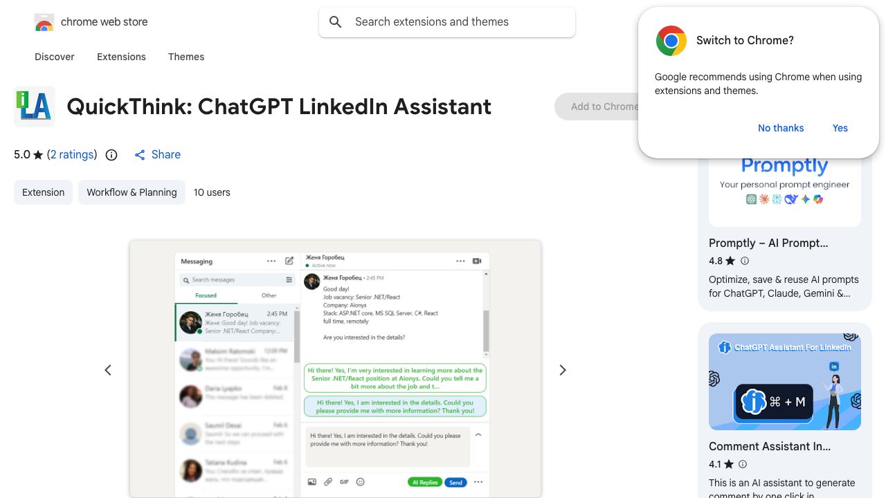 QuickThink: ChatGPT LinkedIn Assistant website screenshot
