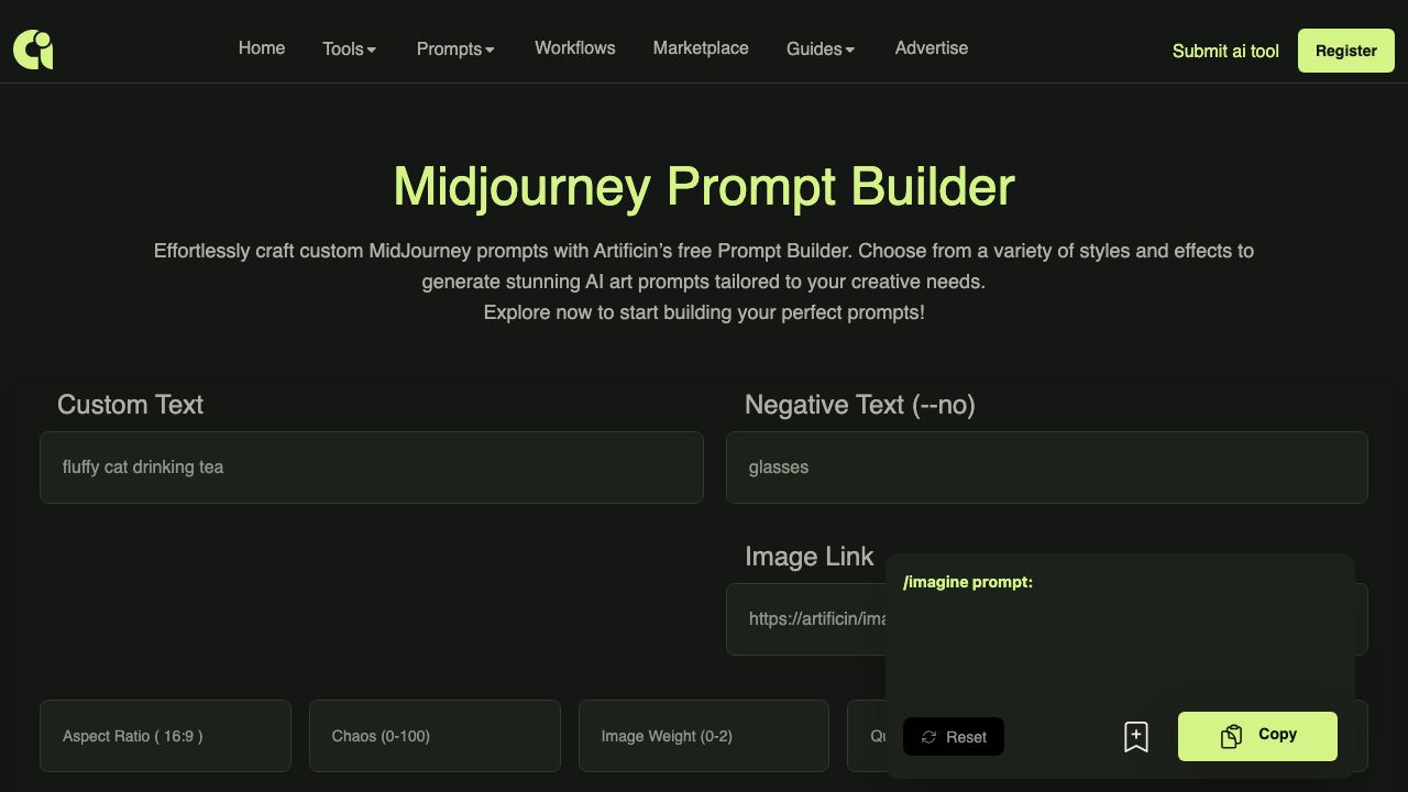 Midjourney Prompt Builder website screenshot
