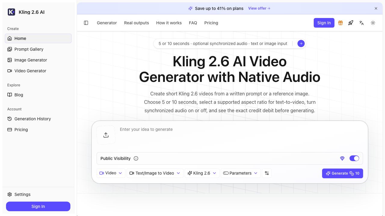 Kling 2.6 AI Video Generator website screenshot