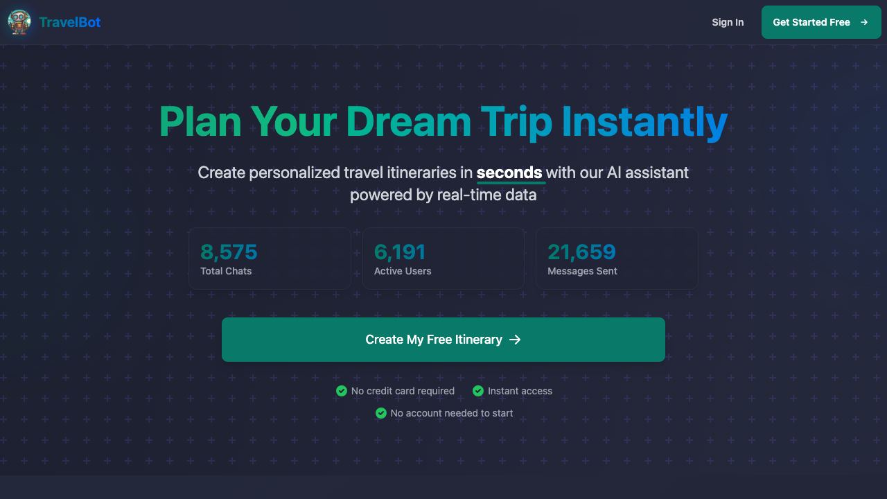 TravelBot AI Travel Assistant 网站截图