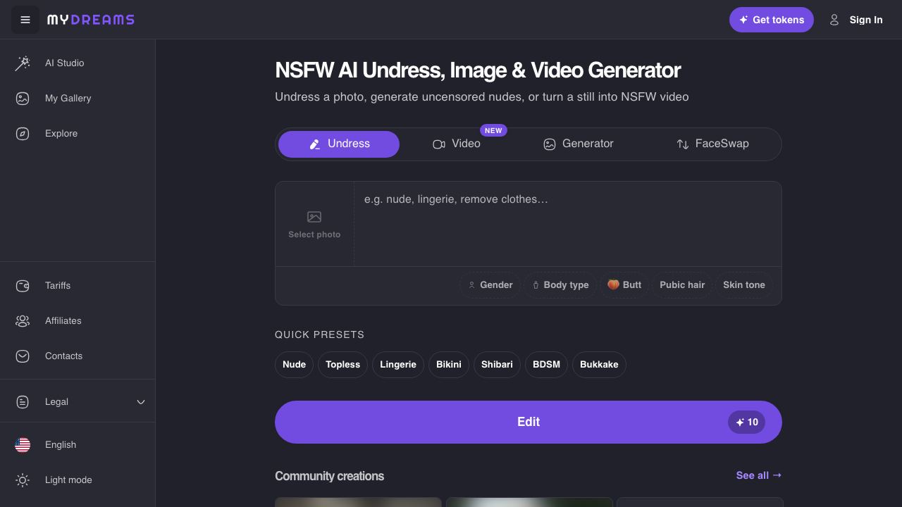 My Dreams Studio - NSFW AI Image Generator website screenshot