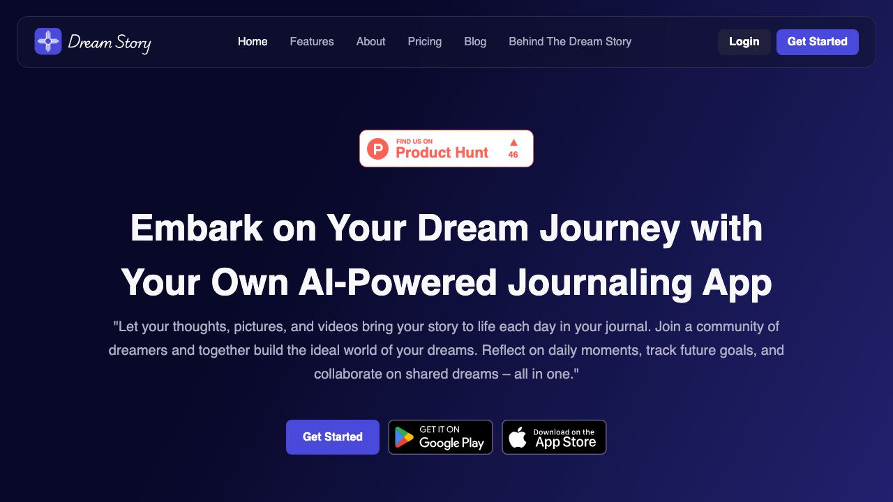 Dream Story Live - AI Journaling App website screenshot