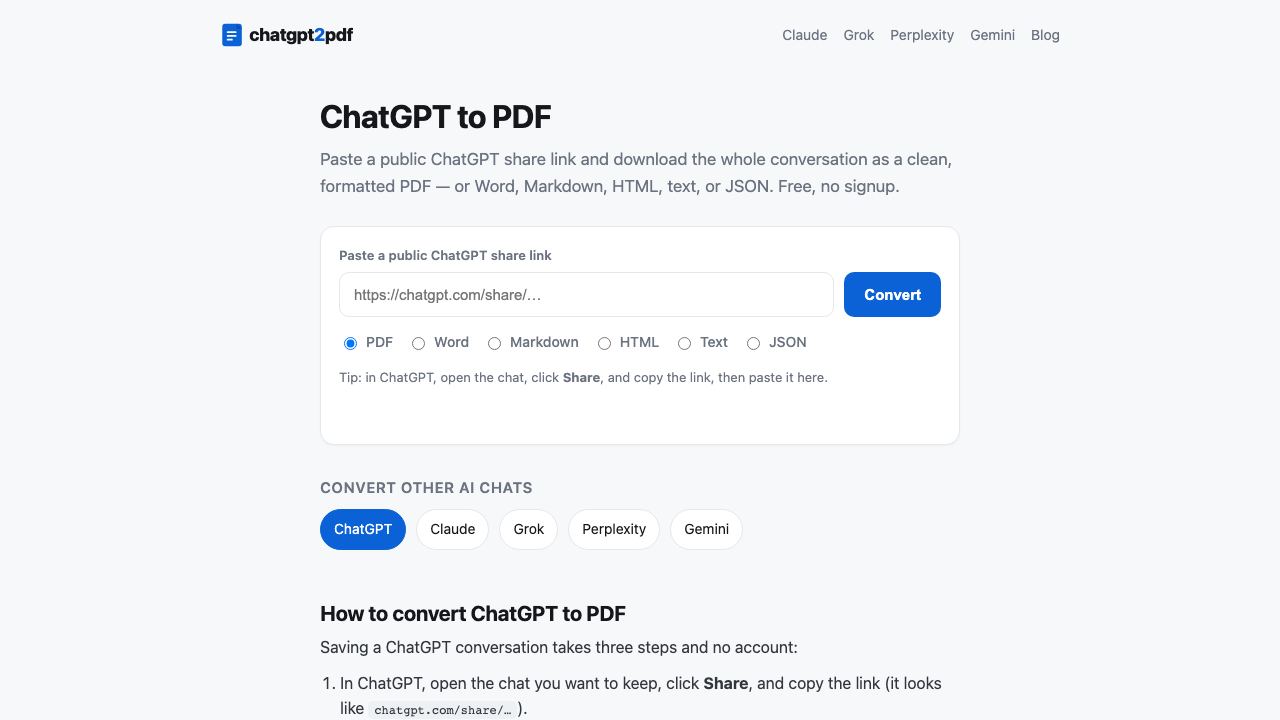chatGpt to pdf of chrome plugin website screenshot