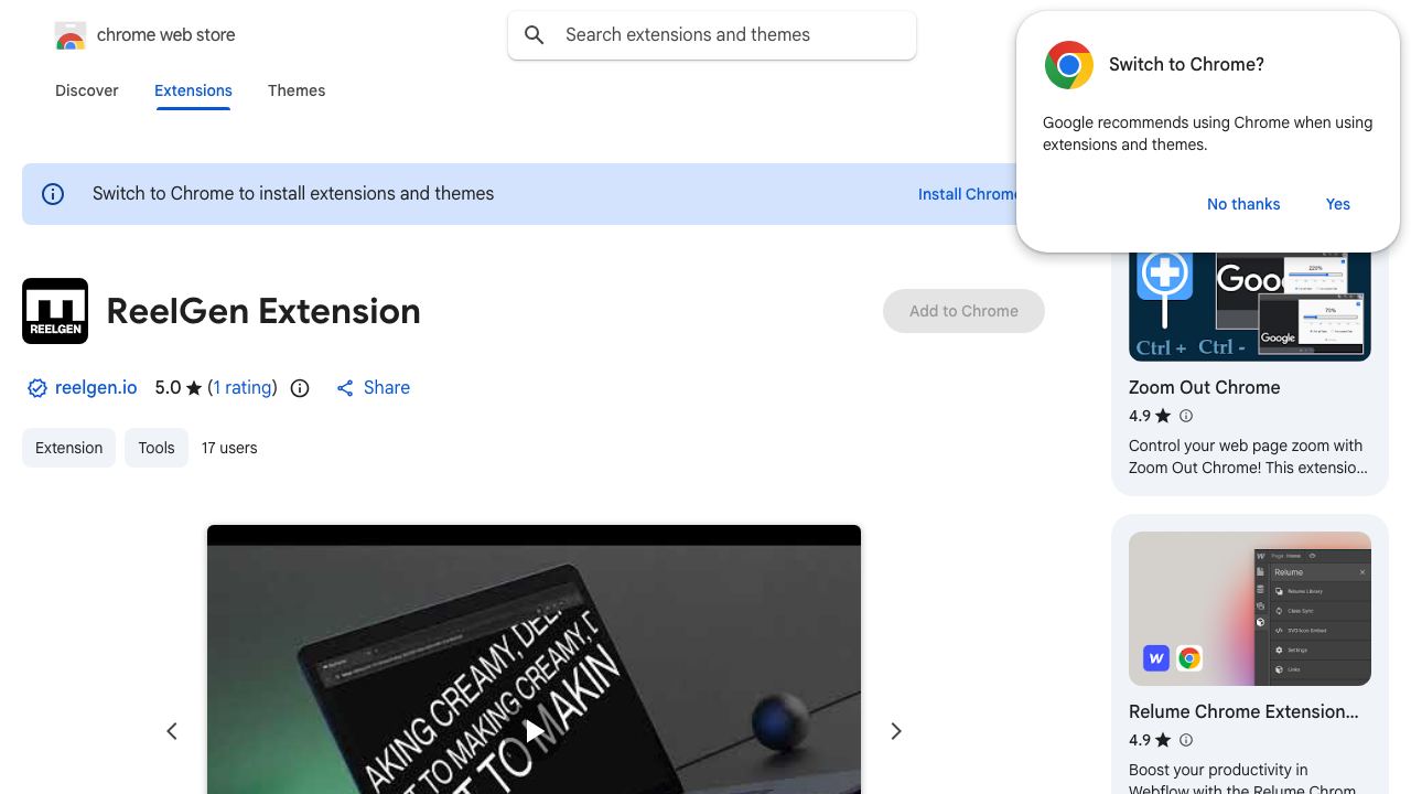 ReelGen Extension website screenshot