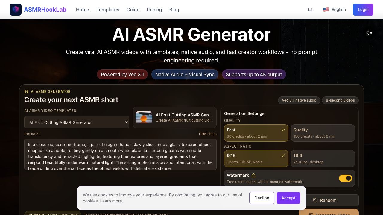 AI ASMR Generator- Create Viral Videos Instantly 网站截图