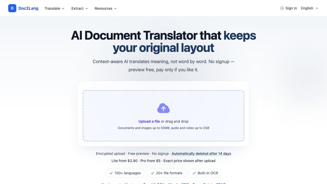 Doc2Lang 网站截图