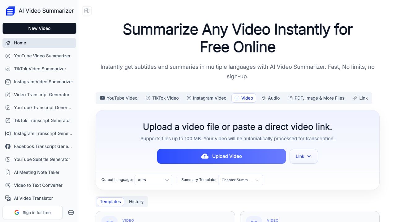 AI Video Summarizer: Convert Any Video to Text Online website screenshot