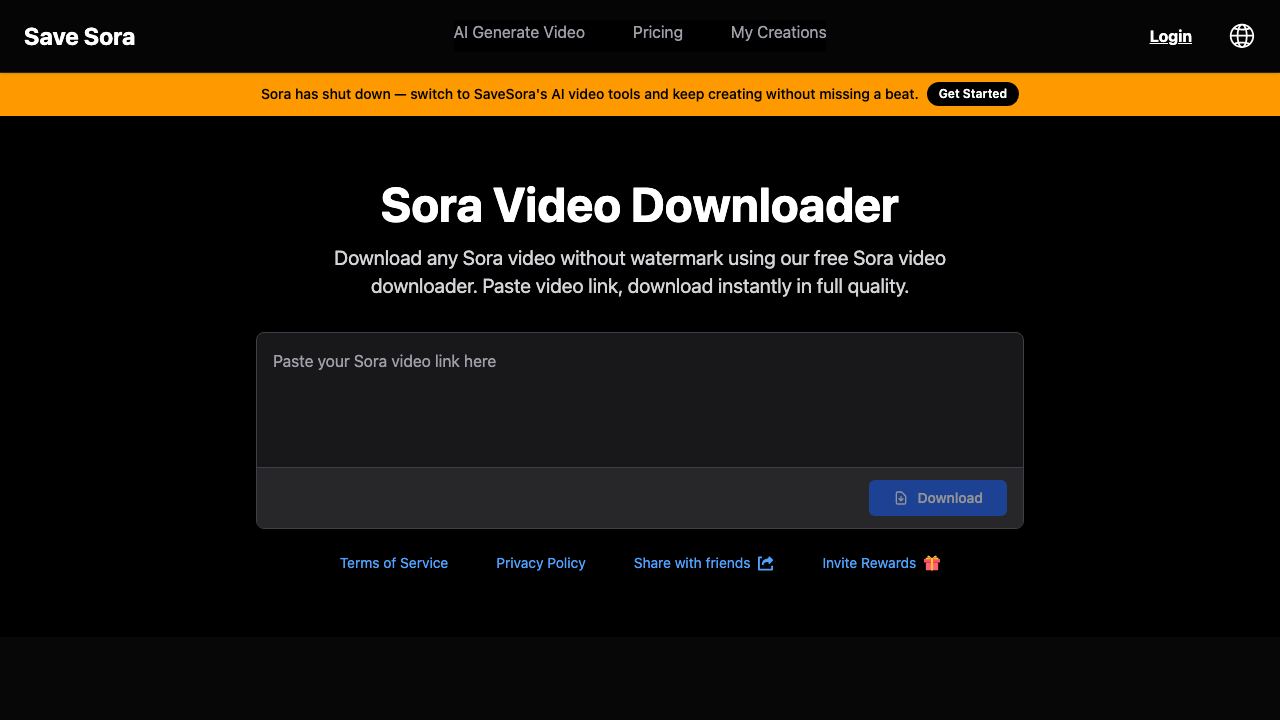 SaveSora: Sora Video Downloader website screenshot