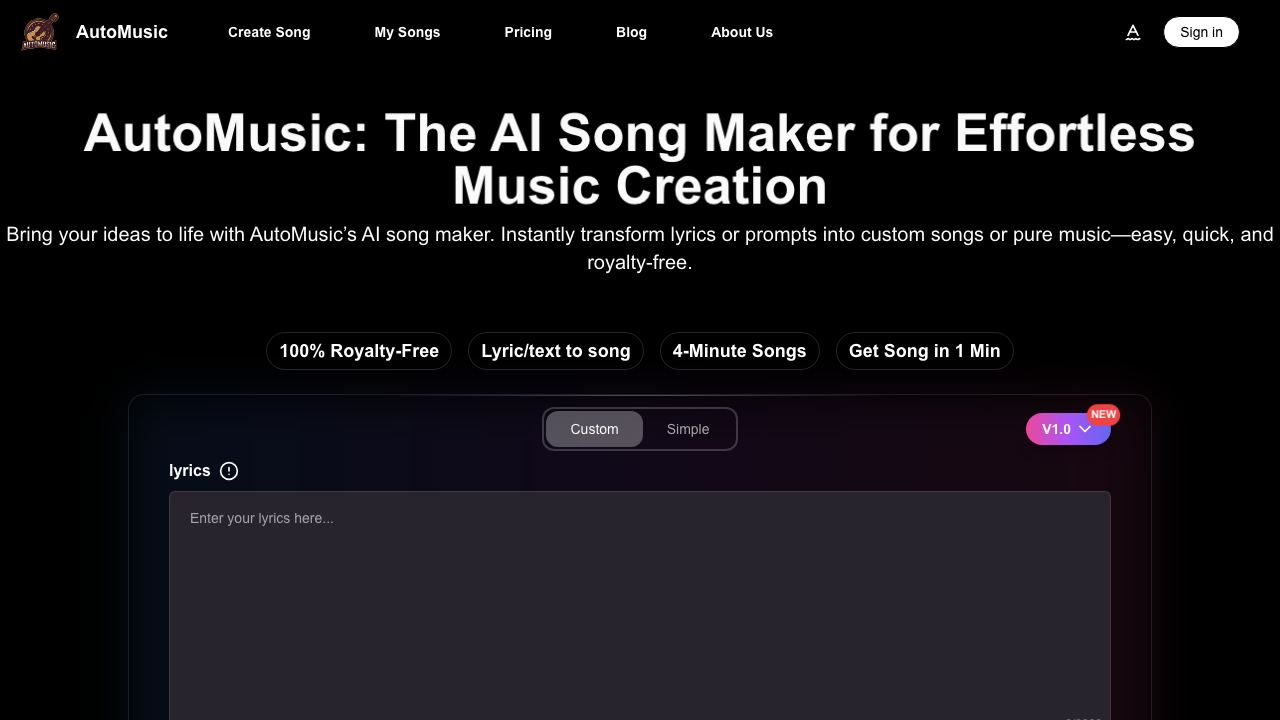 AI Song Maker : Your AI Music Generator | Automusic 网站截图