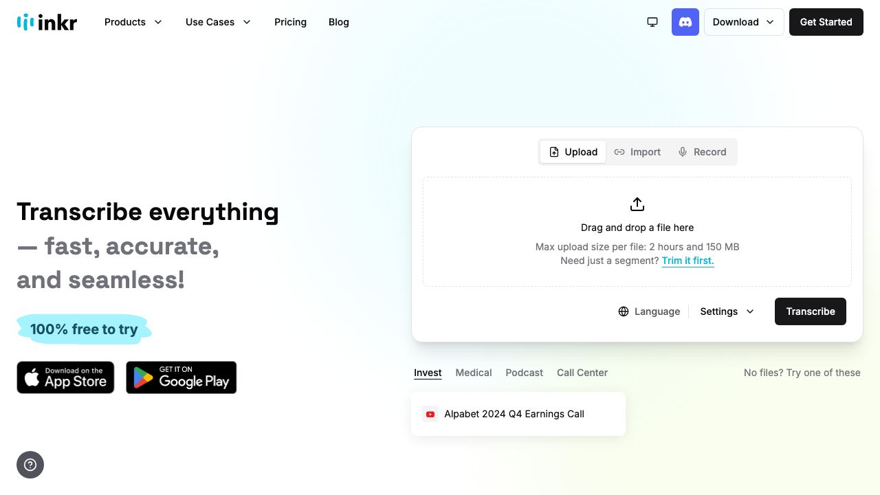 Inkr – Instant & Accurate Transcriptions 网站截图