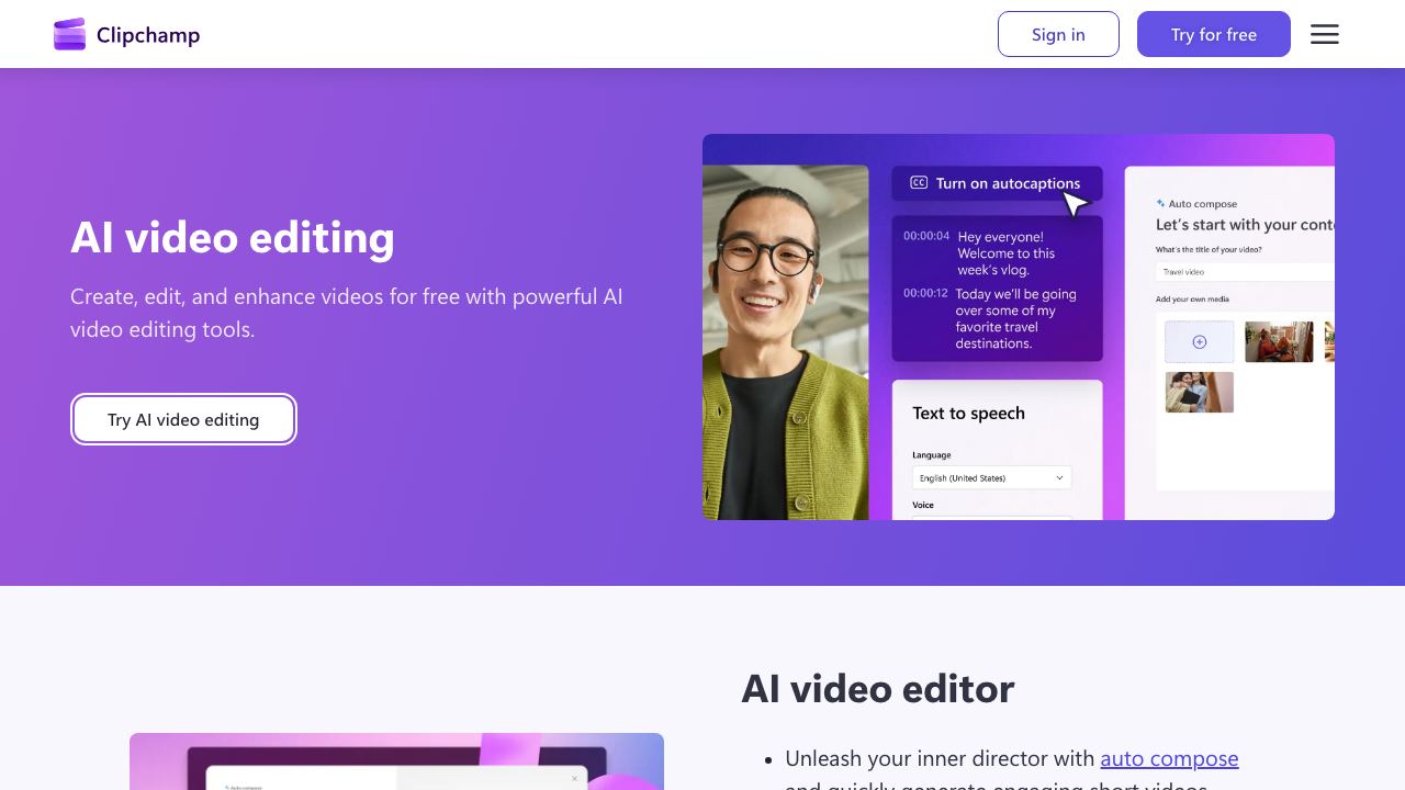AI Video Editing | Clipchamp 网站截图