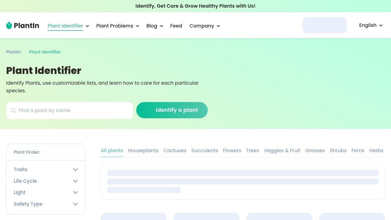 PlantIn plant care identifier 网站截图