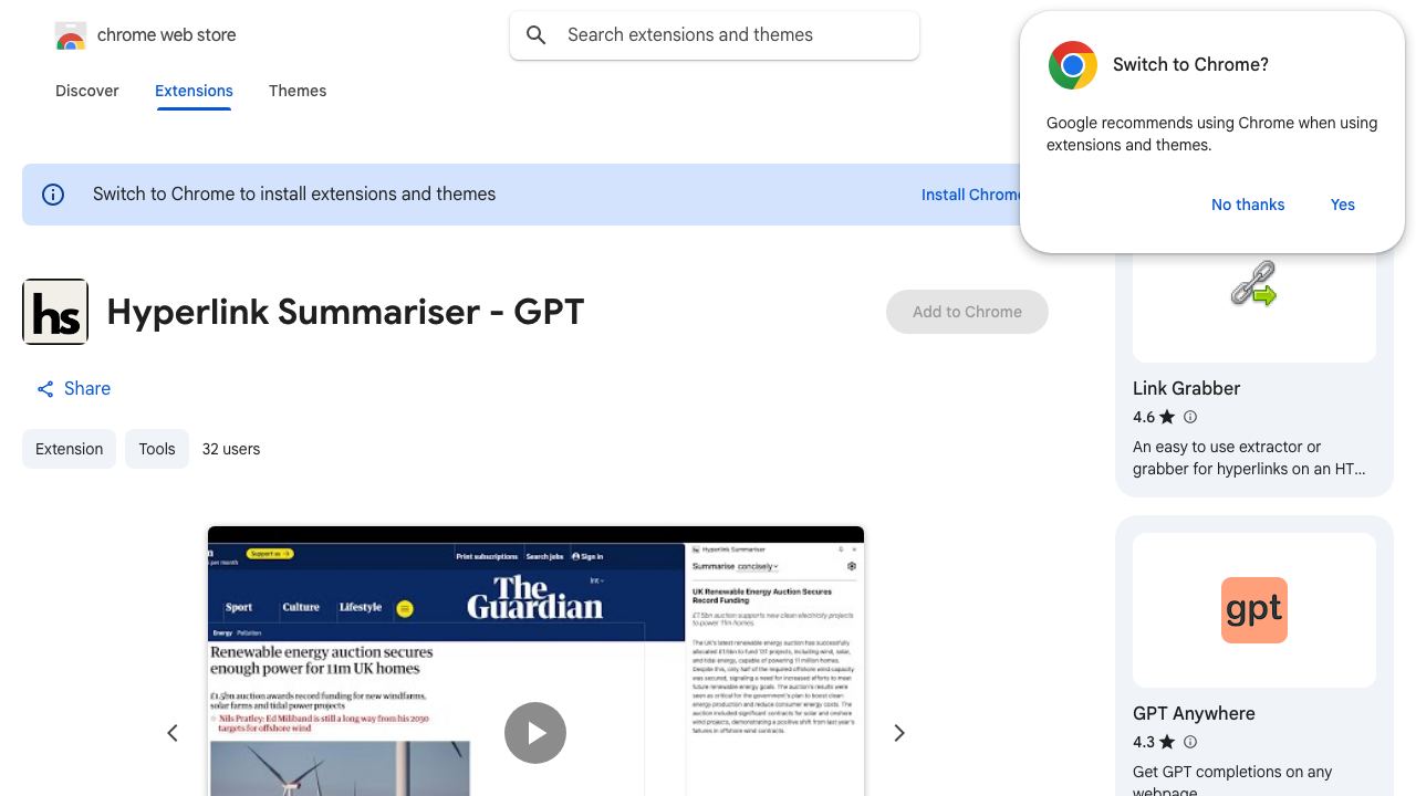 Hyperlink Summariser - GPT 网站截图